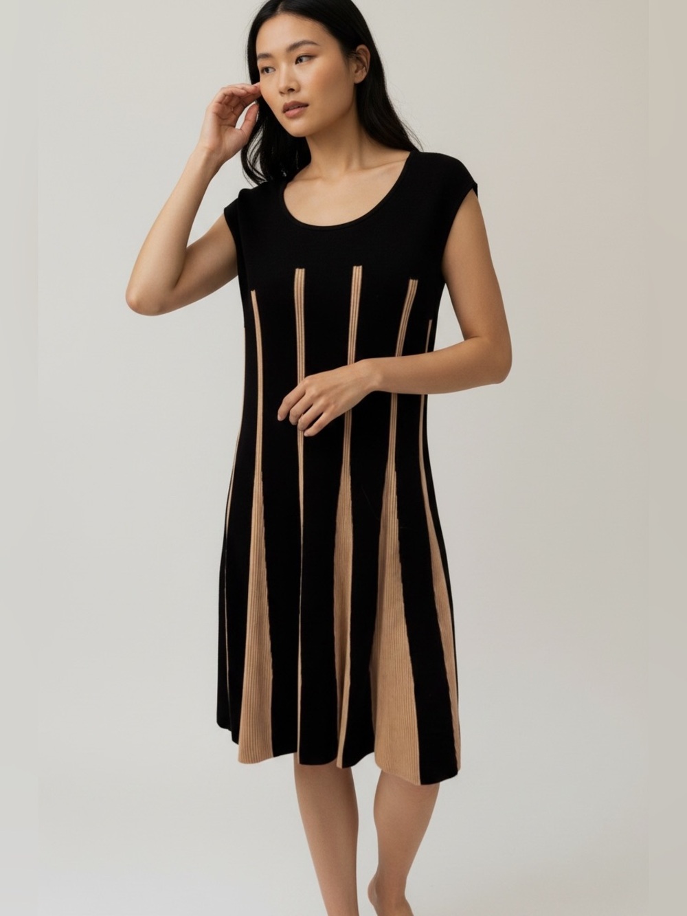 NIC+ZOE 2-Piece Black & Tan Knit A-Line Sleeveless Dress with Black Shrug, L